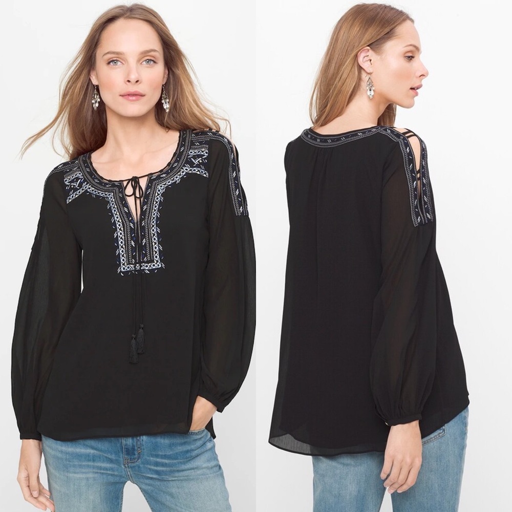 WHBM BLACK EMBROIDERED PEASANT BLOUSE